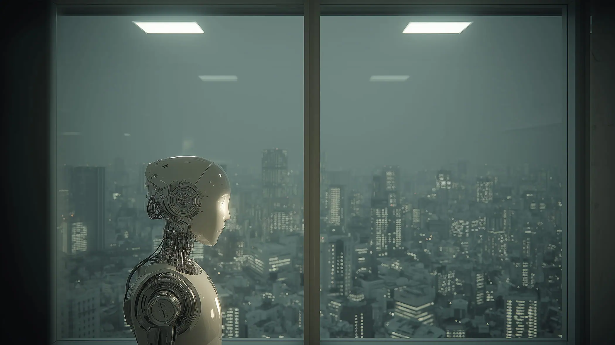 En humanoid robot som blickar ut över en stad från ett kontor på natten
